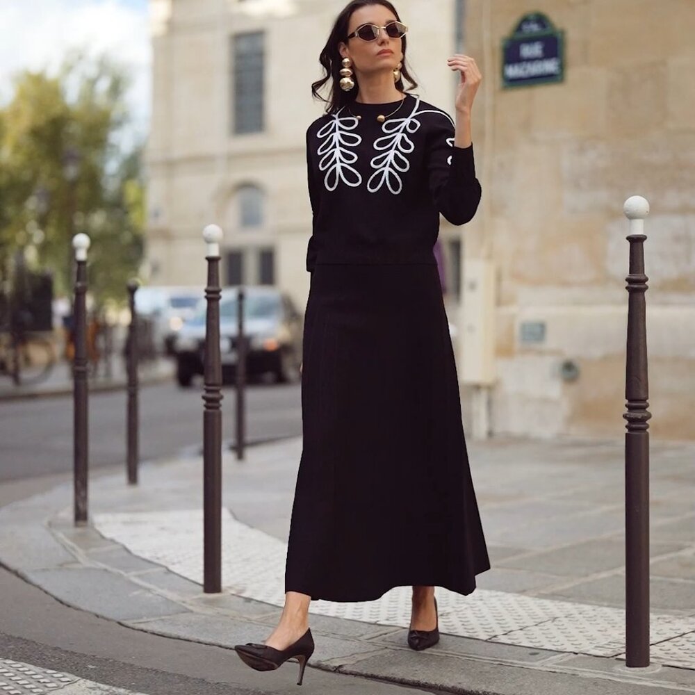 NWT | Aleeza Paris Black Sweater with White Detailing, Size M
